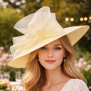 August Wide Brim Statement Hat VTG Pale Yellow Bow Dress Hat Church Derby Formal